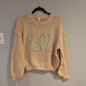 Dreamers Beige Sweater with Mint 'Hello' Embroidery Size M